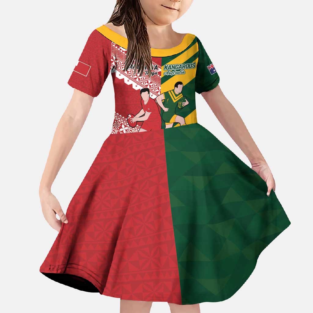 Australia-Tonga Rugby Pacific Custom Family Matching Mermaid Dress and Hawaiian Shirt The Kangaroos and Mate Ma'a Tonga LT9 Daughter's Dress Red-Green - Polynesian Pride