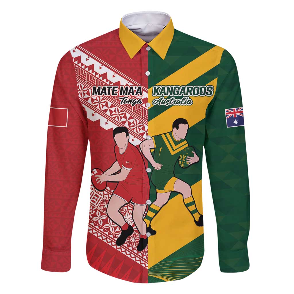 Australia-Tonga Rugby Pacific Custom Family Matching Summer Maxi Dress and Hawaiian Shirt The Kangaroos and Mate Ma'a Tonga LT9 Dad's Shirt - Long Sleeve Red-Green - Polynesian Pride