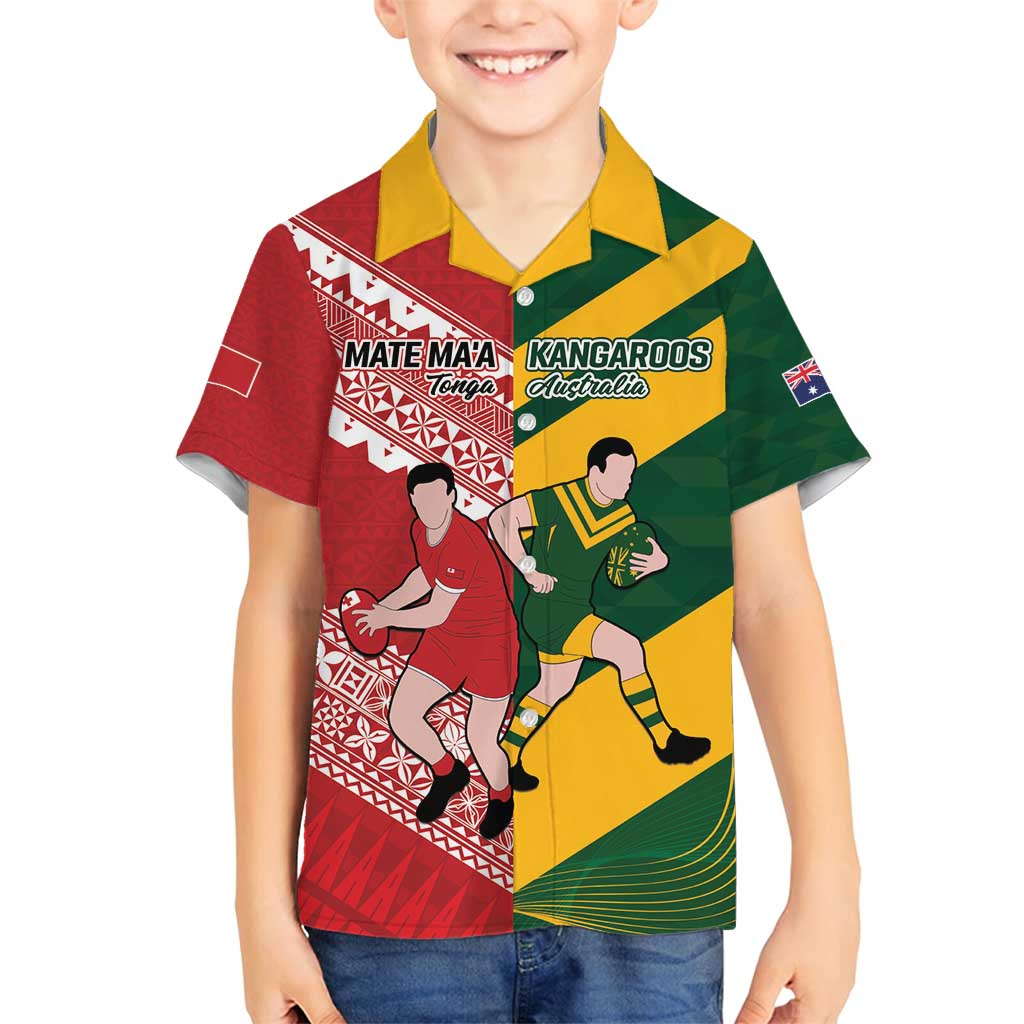 Australia-Tonga Rugby Pacific Custom Family Matching Summer Maxi Dress and Hawaiian Shirt The Kangaroos and Mate Ma'a Tonga LT9 Son's Shirt Red-Green - Polynesian Pride