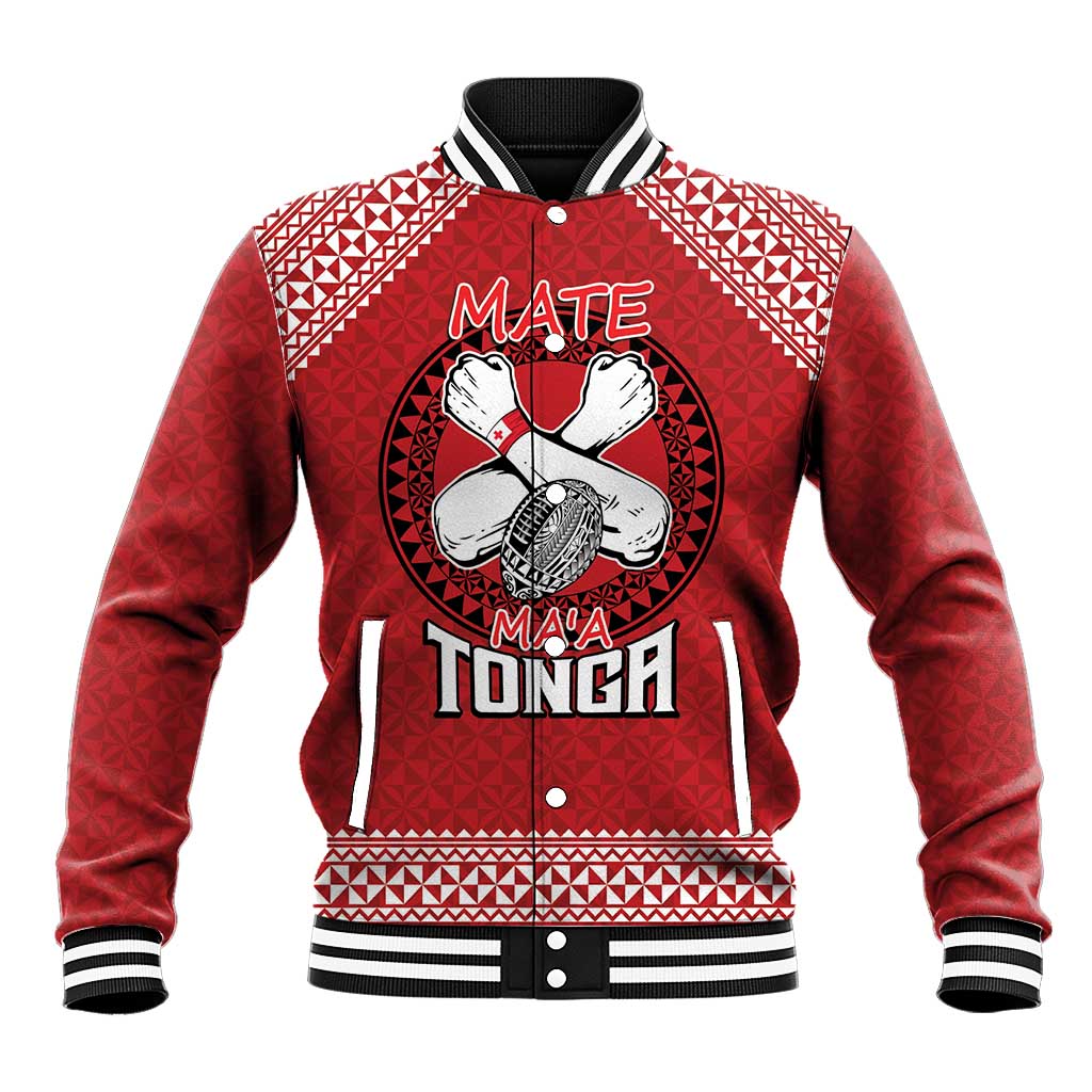 Tonga Rugby XIII Custom Baseball Jacket Mate Ma'a Tonga with Ngatu Pattern LT9 Unisex Red - Polynesian Pride