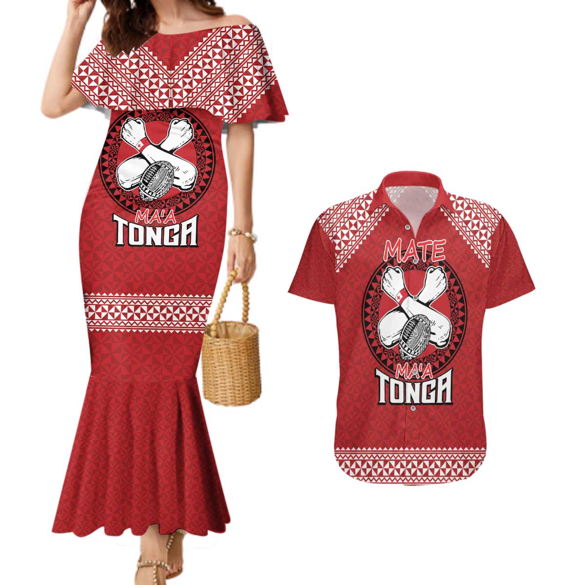 Tonga Rugby XIII Custom Couples Matching Mermaid Dress and Hawaiian Shirt Mate Ma'a Tonga with Ngatu Pattern LT9 Red - Polynesian Pride