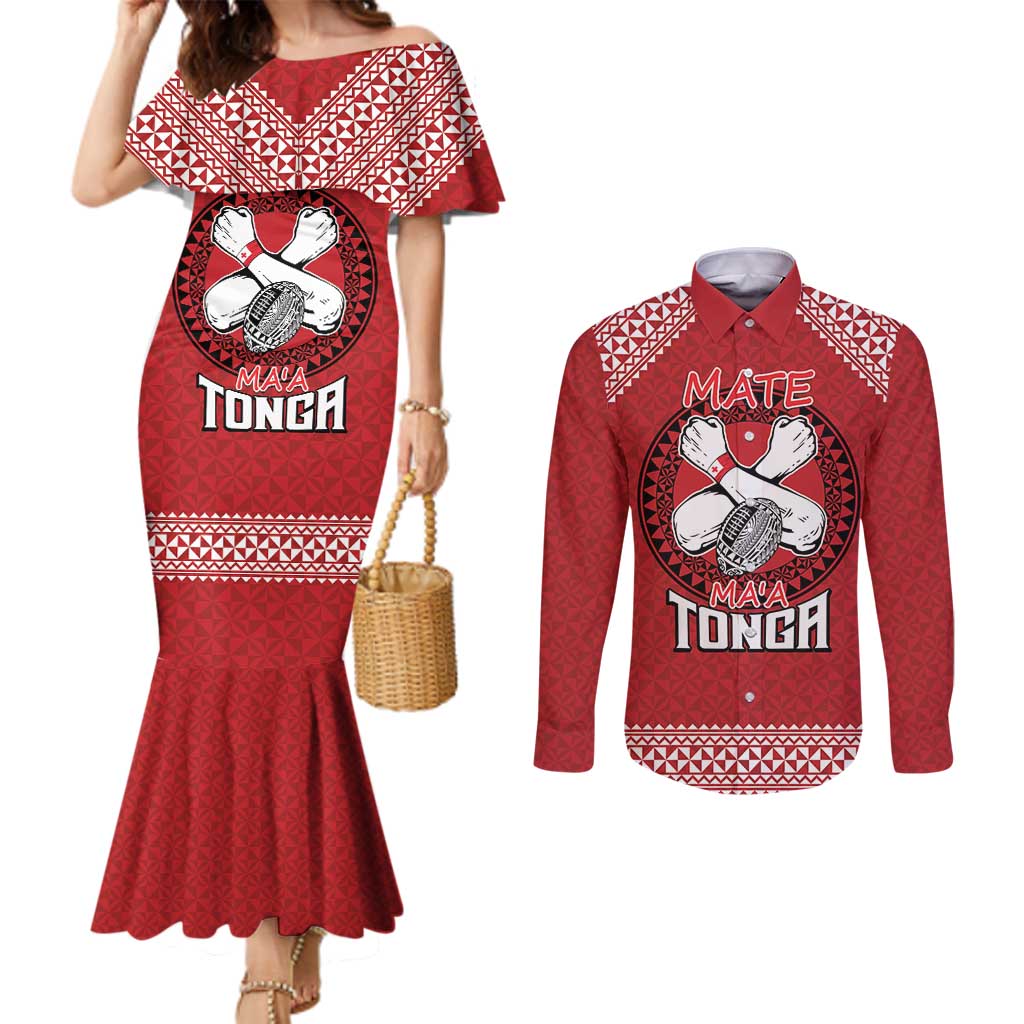 Tonga Rugby XIII Custom Couples Matching Mermaid Dress and Long Sleeve Button Shirt Mate Ma'a Tonga with Ngatu Pattern LT9 Red - Polynesian Pride