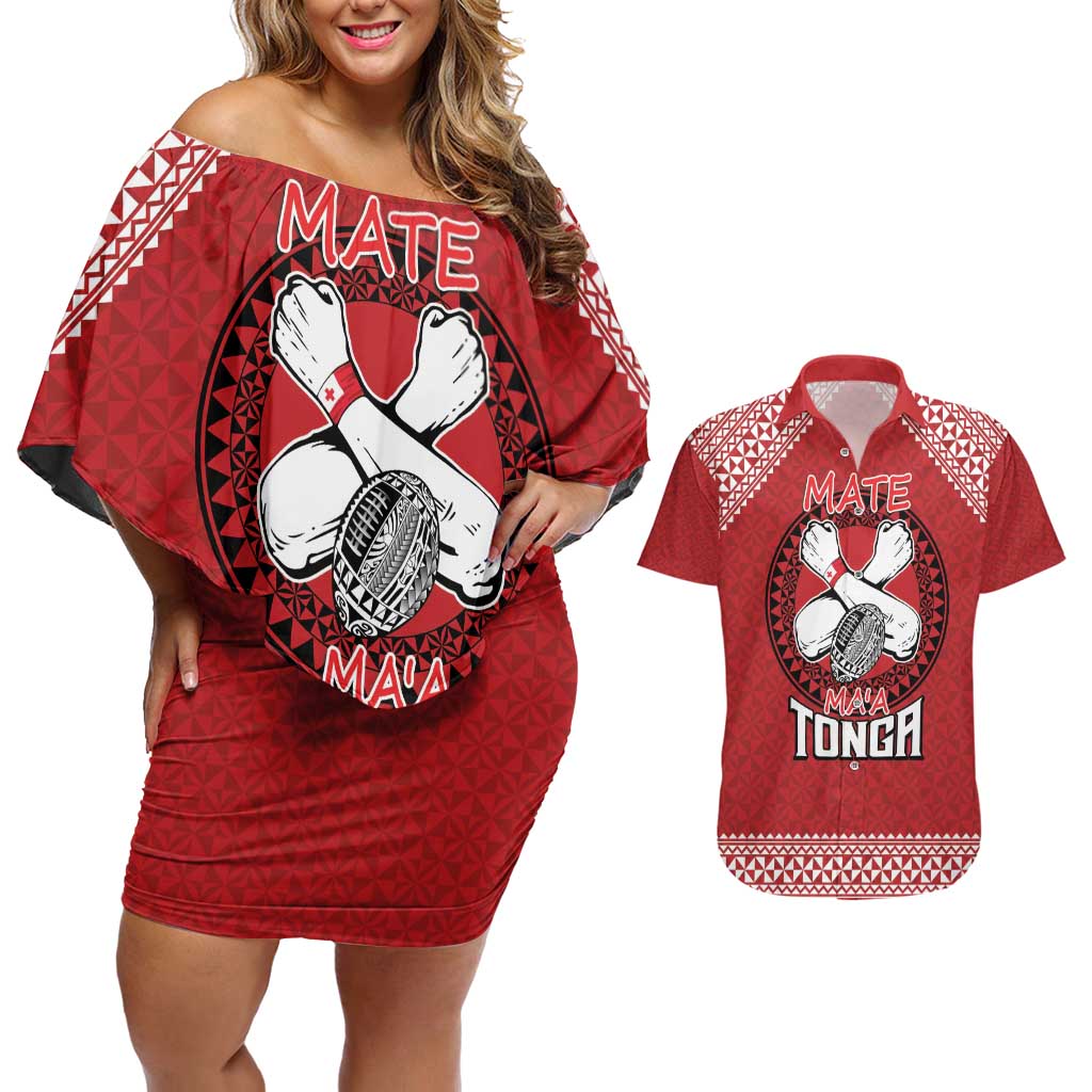 Tonga Rugby XIII Custom Couples Matching Off Shoulder Short Dress and Hawaiian Shirt Mate Ma'a Tonga with Ngatu Pattern LT9 Red - Polynesian Pride