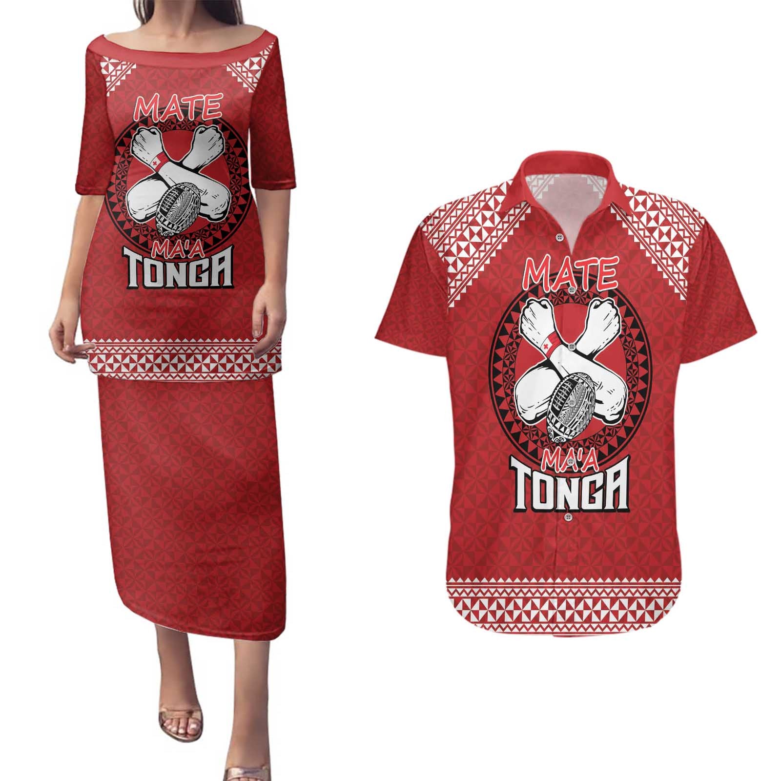 Tonga Rugby XIII Custom Couples Matching Puletasi and Hawaiian Shirt Mate Ma'a Tonga with Ngatu Pattern LT9 Red - Polynesian Pride