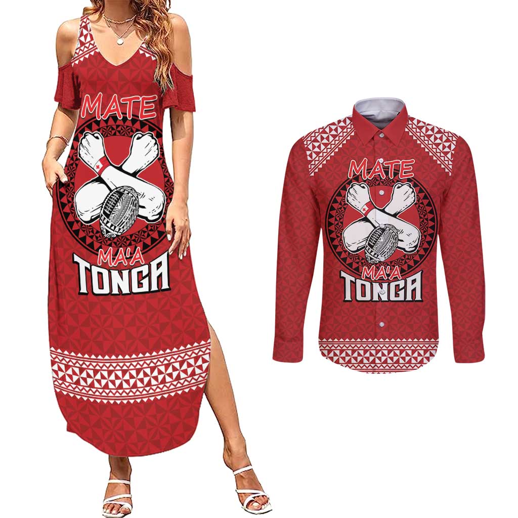 Tonga Rugby XIII Custom Couples Matching Summer Maxi Dress and Long Sleeve Button Shirt Mate Ma'a Tonga with Ngatu Pattern LT9 Red - Polynesian Pride