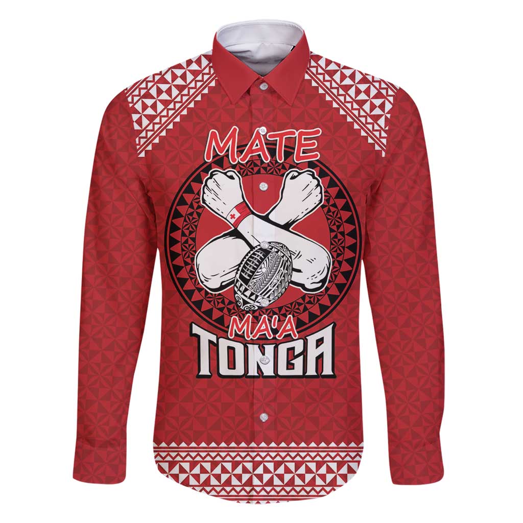 Tonga Rugby XIII Custom Family Matching Summer Maxi Dress and Hawaiian Shirt Mate Ma'a Tonga with Ngatu Pattern LT9 Dad's Shirt - Long Sleeve Red - Polynesian Pride