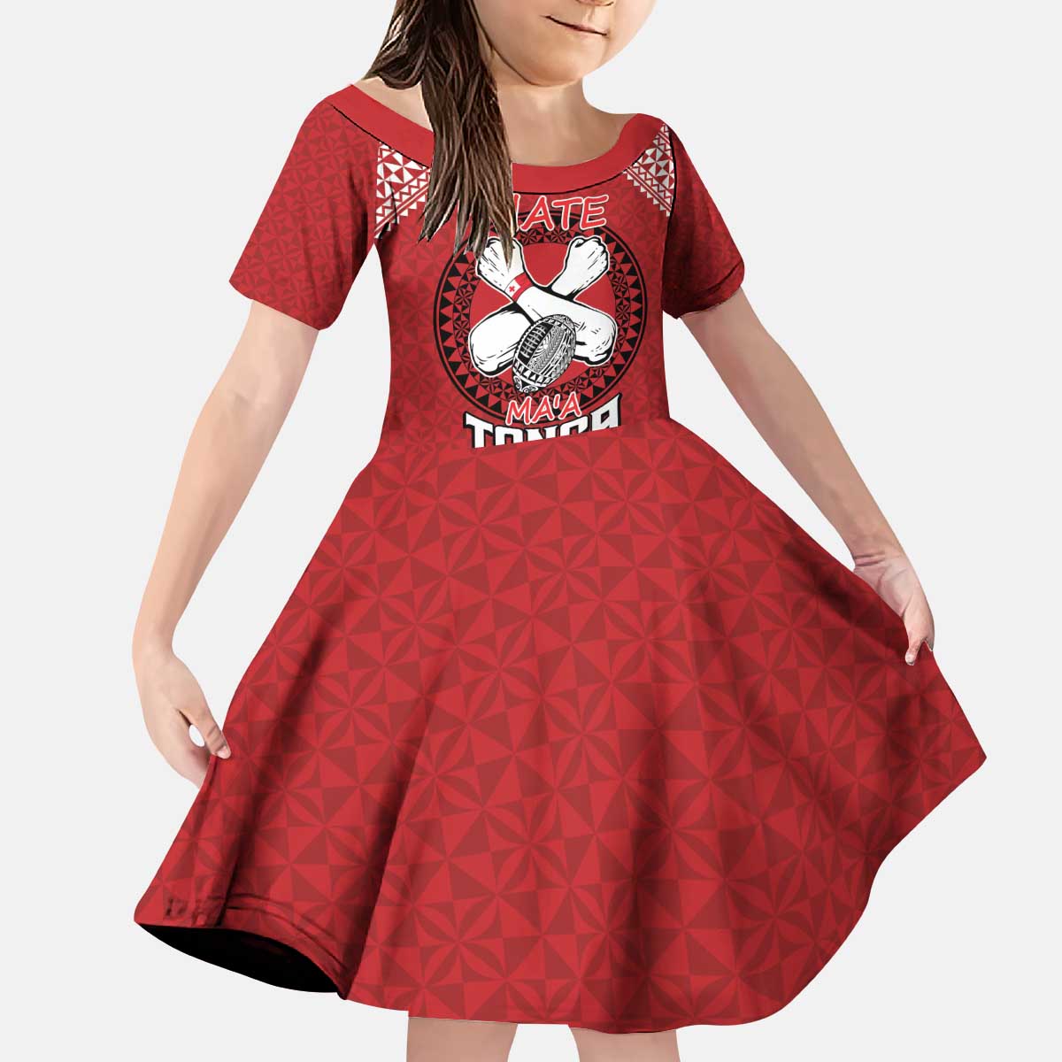 Tonga Rugby XIII Custom Kid Short Sleeve Dress Mate Ma'a Tonga with Ngatu Pattern LT9 KID Red - Polynesian Pride