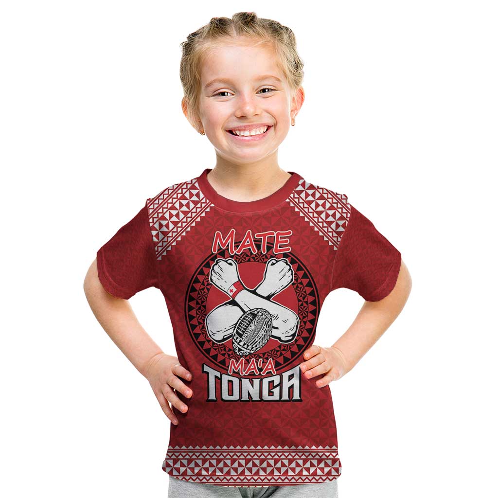 Tonga Rugby XIII Custom Kid T Shirt Mate Ma'a Tonga with Ngatu Pattern LT9 Red - Polynesian Pride