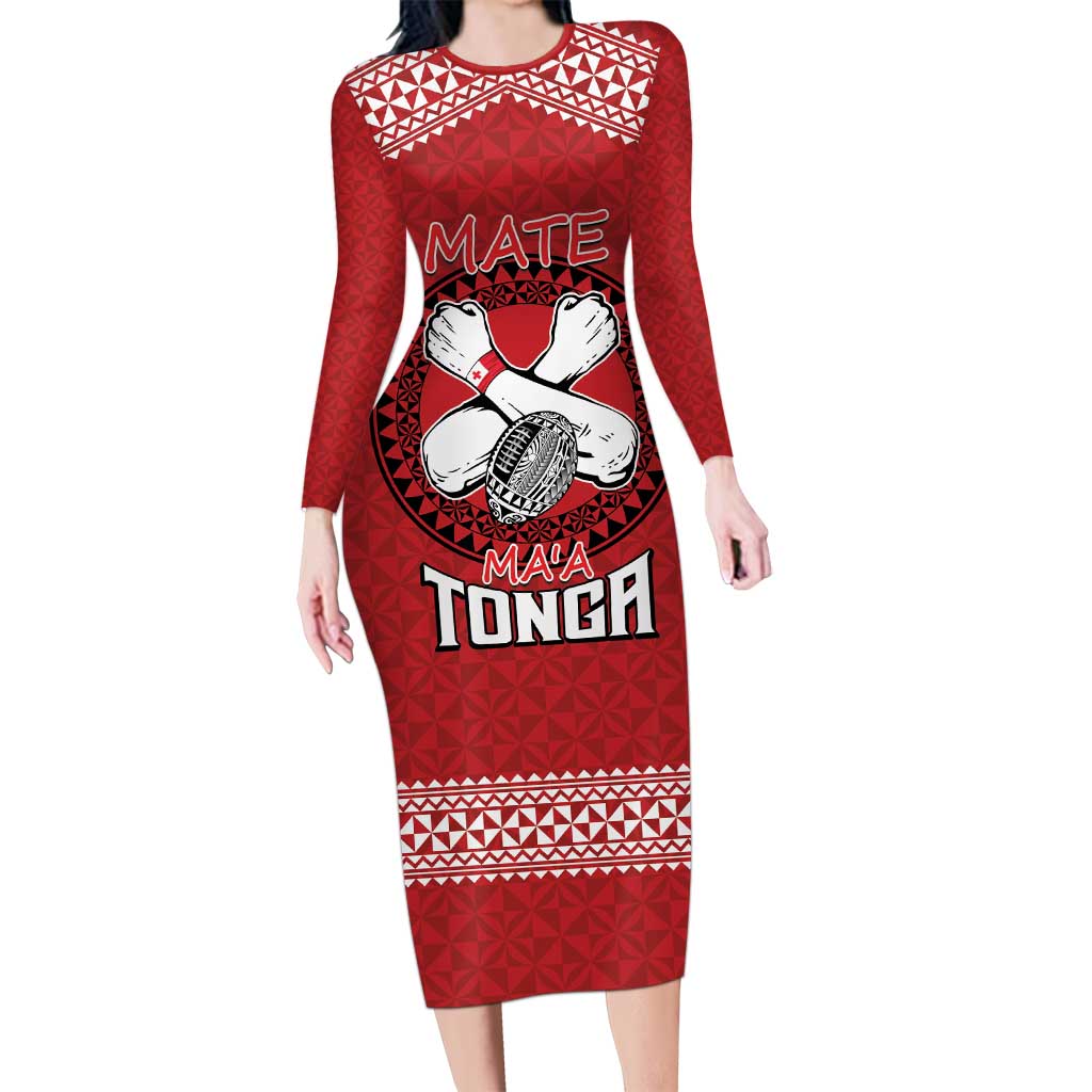 Tonga Rugby XIII Custom Long Sleeve Bodycon Dress Mate Ma'a Tonga with Ngatu Pattern LT9 Long Dress Red - Polynesian Pride