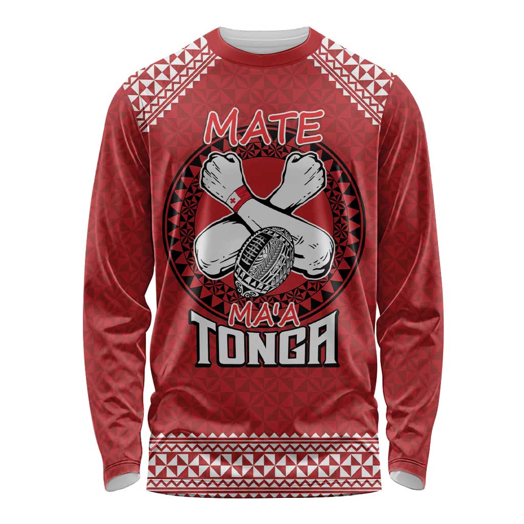Tonga Rugby XIII Custom Long Sleeve Shirt Mate Ma'a Tonga with Ngatu Pattern LT9 Unisex Red - Polynesian Pride