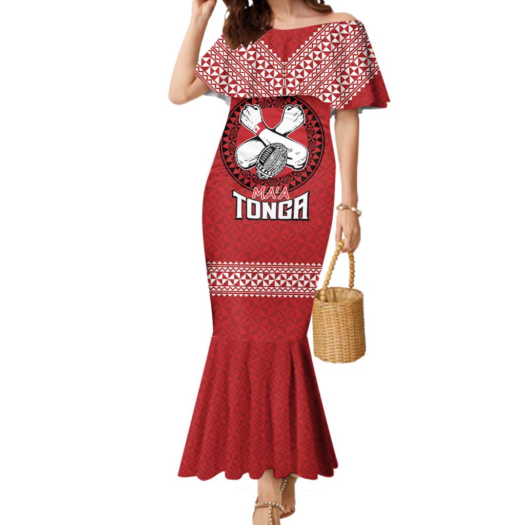 Tonga Rugby XIII Custom Mermaid Dress Mate Ma'a Tonga with Ngatu Pattern LT9 Women Red - Polynesian Pride