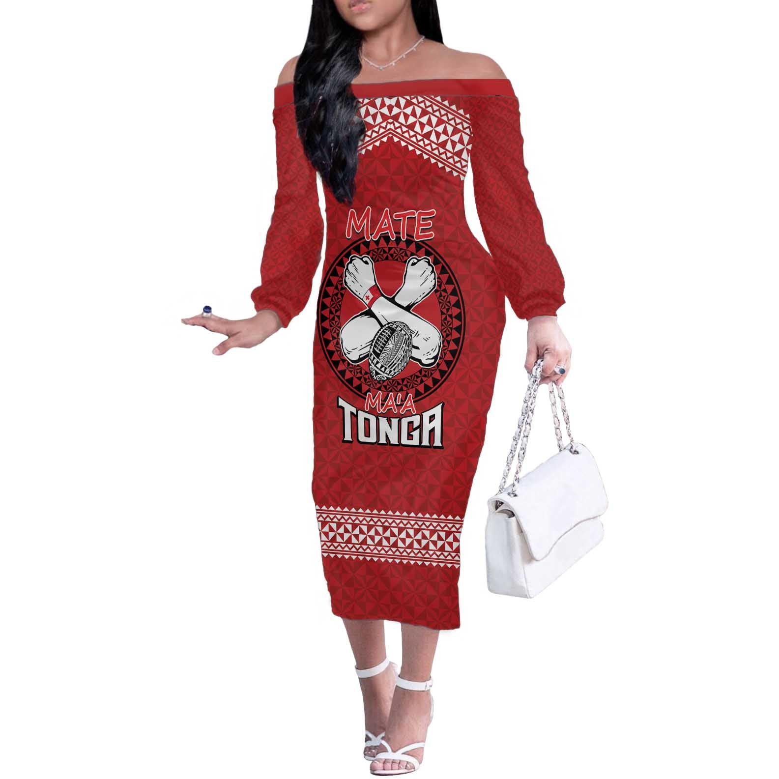 Tonga Rugby XIII Custom Off The Shoulder Long Sleeve Dress Mate Ma'a Tonga with Ngatu Pattern LT9 Women Red - Polynesian Pride