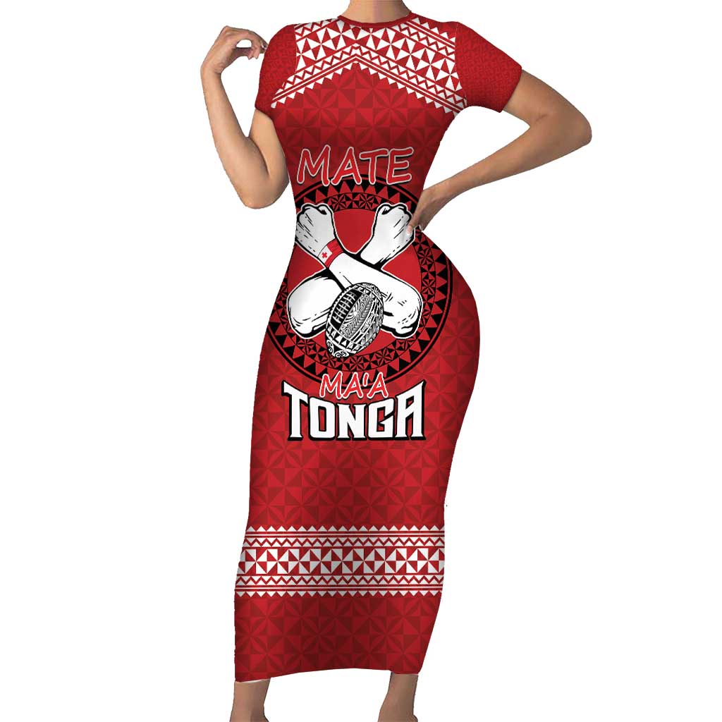 Tonga Rugby XIII Custom Short Sleeve Bodycon Dress Mate Ma'a Tonga with Ngatu Pattern LT9 Long Dress Red - Polynesian Pride