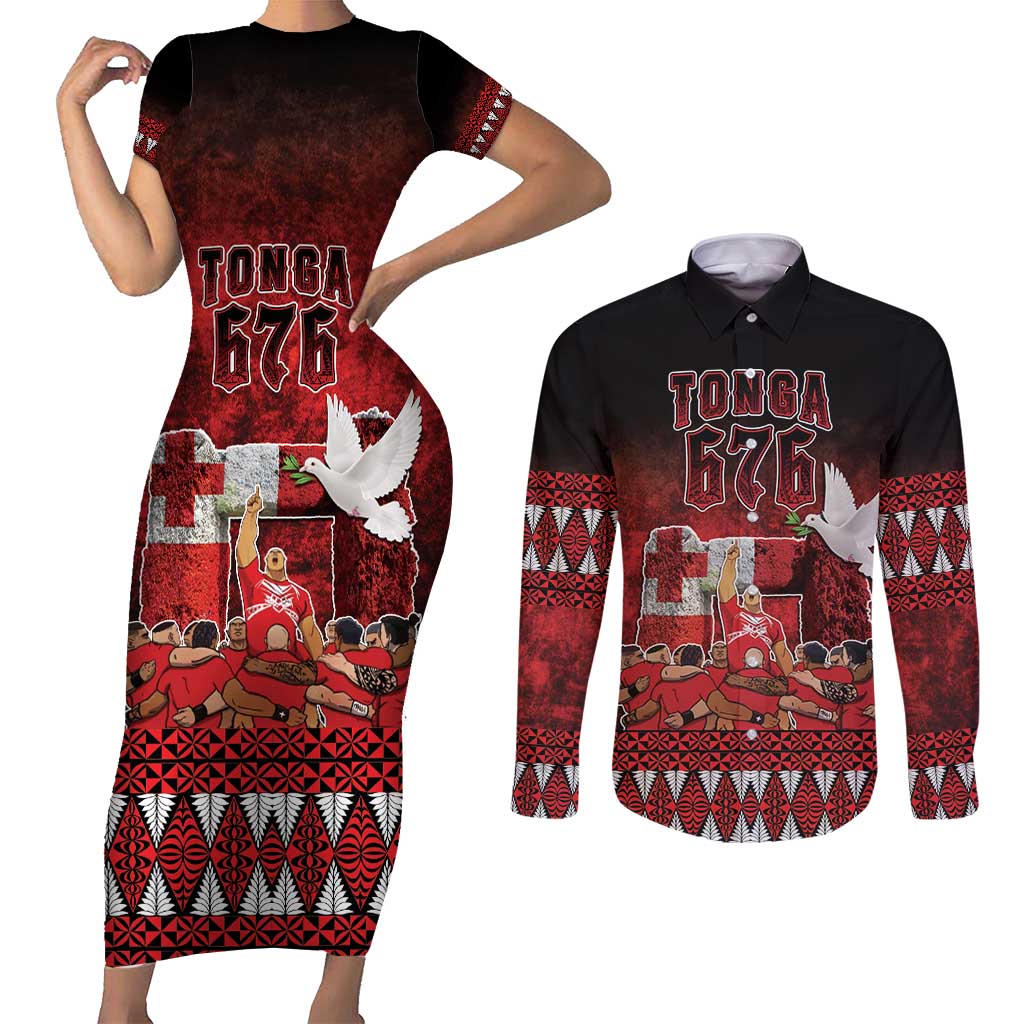 Custom Tonga 676 Haʻamonga ʻa Maui Couples Matching Short Sleeve Bodycon Dress and Long Sleeve Button Shirt Tongan Sipi Tau Unique Dance