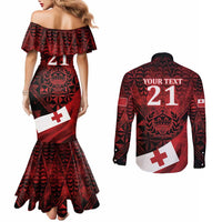 Custom Tonga XIII Rugby Tribal Tattoo Couples Matching Mermaid Dress and Long Sleeve Button Shirt Mate Ma'a Tonga Kupesi Ngatu Grunge Style