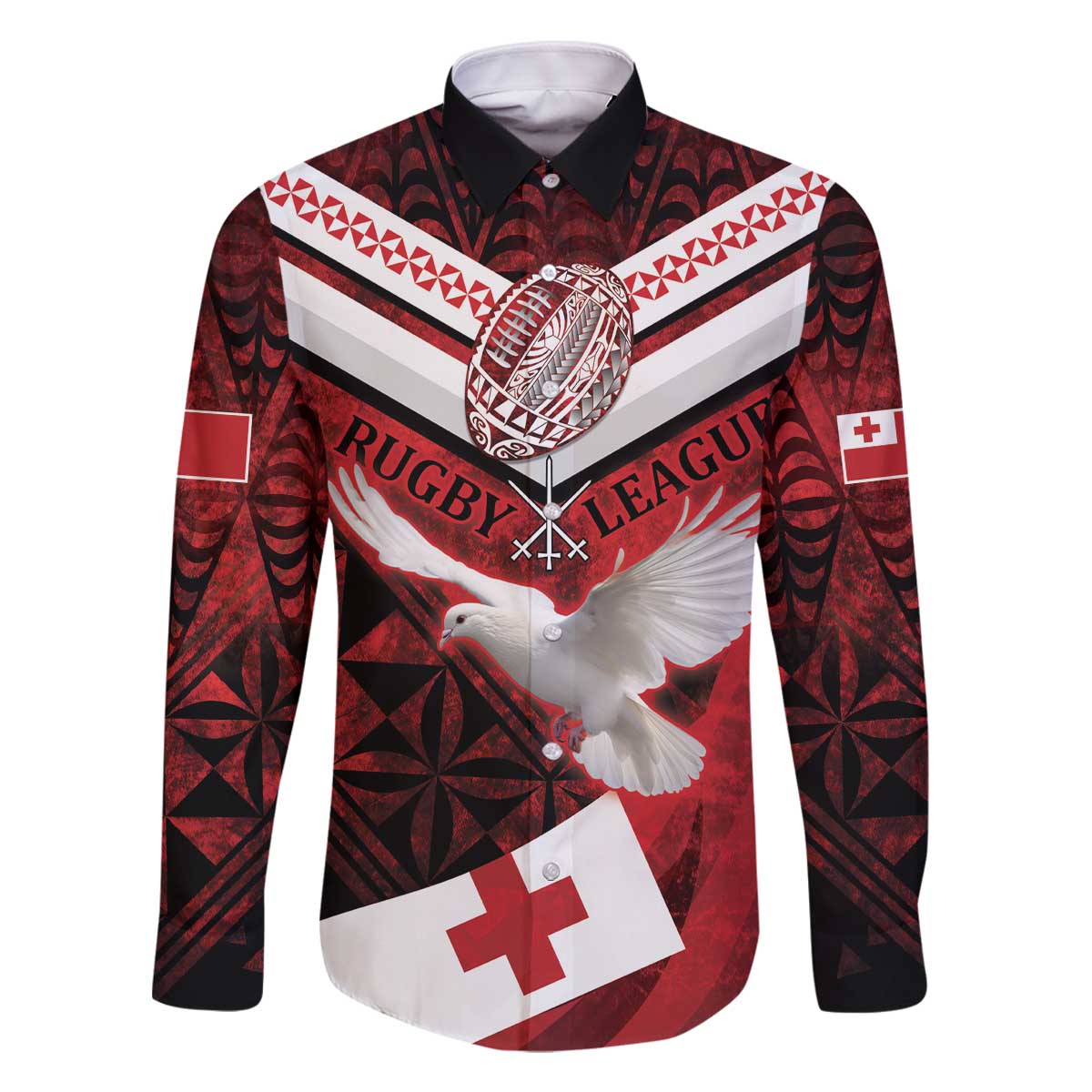 Custom Tonga XIII Rugby Tribal Tattoo Family Matching Off The Shoulder Long Sleeve Dress and Hawaiian Shirt Mate Ma'a Tonga Kupesi Ngatu Grunge Style LT9 Dad's Shirt - Long Sleeve Red - Polynesian Pride