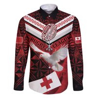 Custom Tonga XIII Rugby Tribal Tattoo Family Matching Off The Shoulder Long Sleeve Dress and Hawaiian Shirt Mate Ma'a Tonga Kupesi Ngatu Grunge Style LT9 Dad's Shirt - Long Sleeve Red - Polynesian Pride