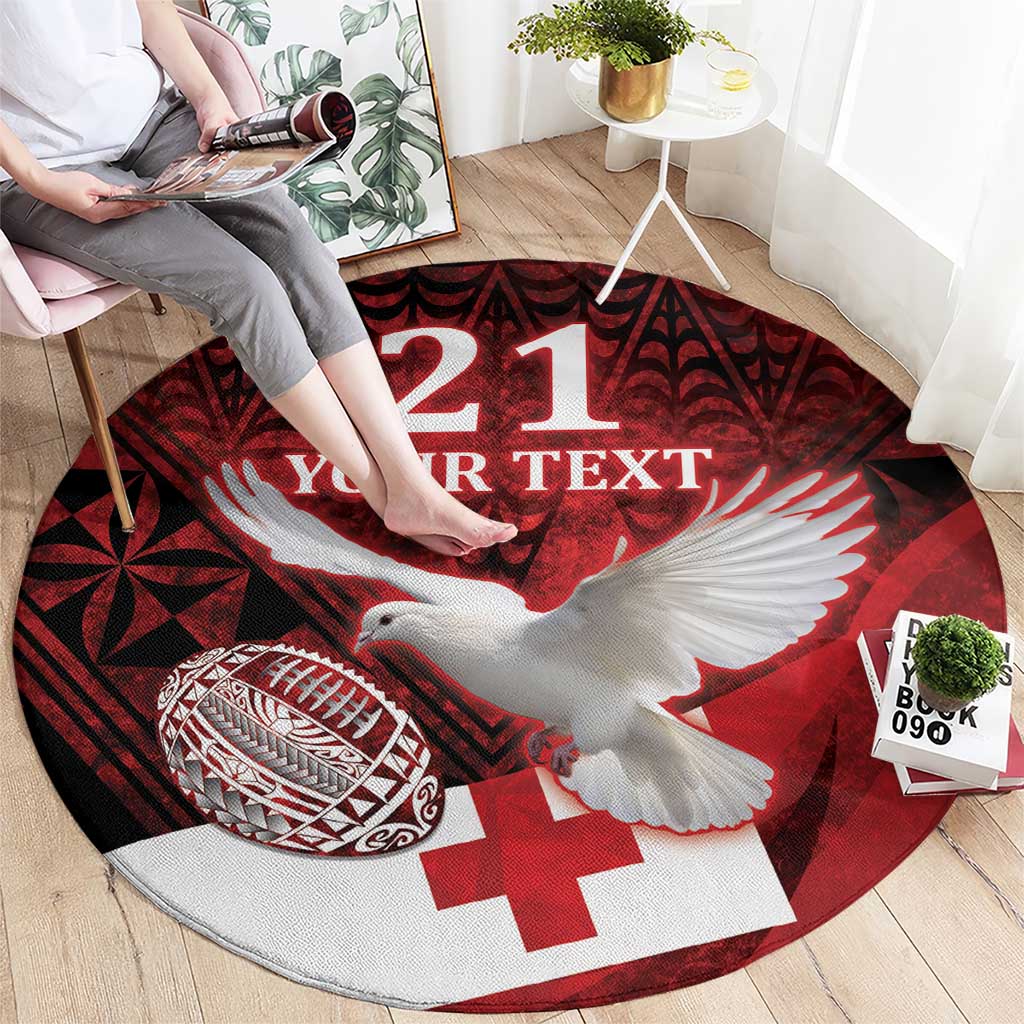 Custom Tonga XIII Rugby Tribal Tattoo Round Carpet Mate Ma'a Tonga Kupesi Ngatu Grunge Style LT9 - Polynesian Pride