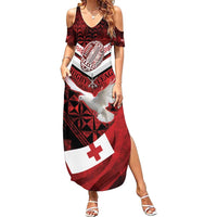 Custom Tonga XIII Rugby Tribal Tattoo Summer Maxi Dress Mate Ma'a Tonga Kupesi Ngatu Grunge Style LT9 Women Red - Polynesian Pride