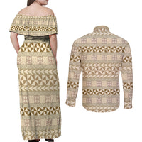 Pasifika Sataoa Pattern Simple Motif Couples Matching Off Shoulder Maxi Dress and Long Sleeve Button Shirt Beige Tan LT9 - Polynesian Pride
