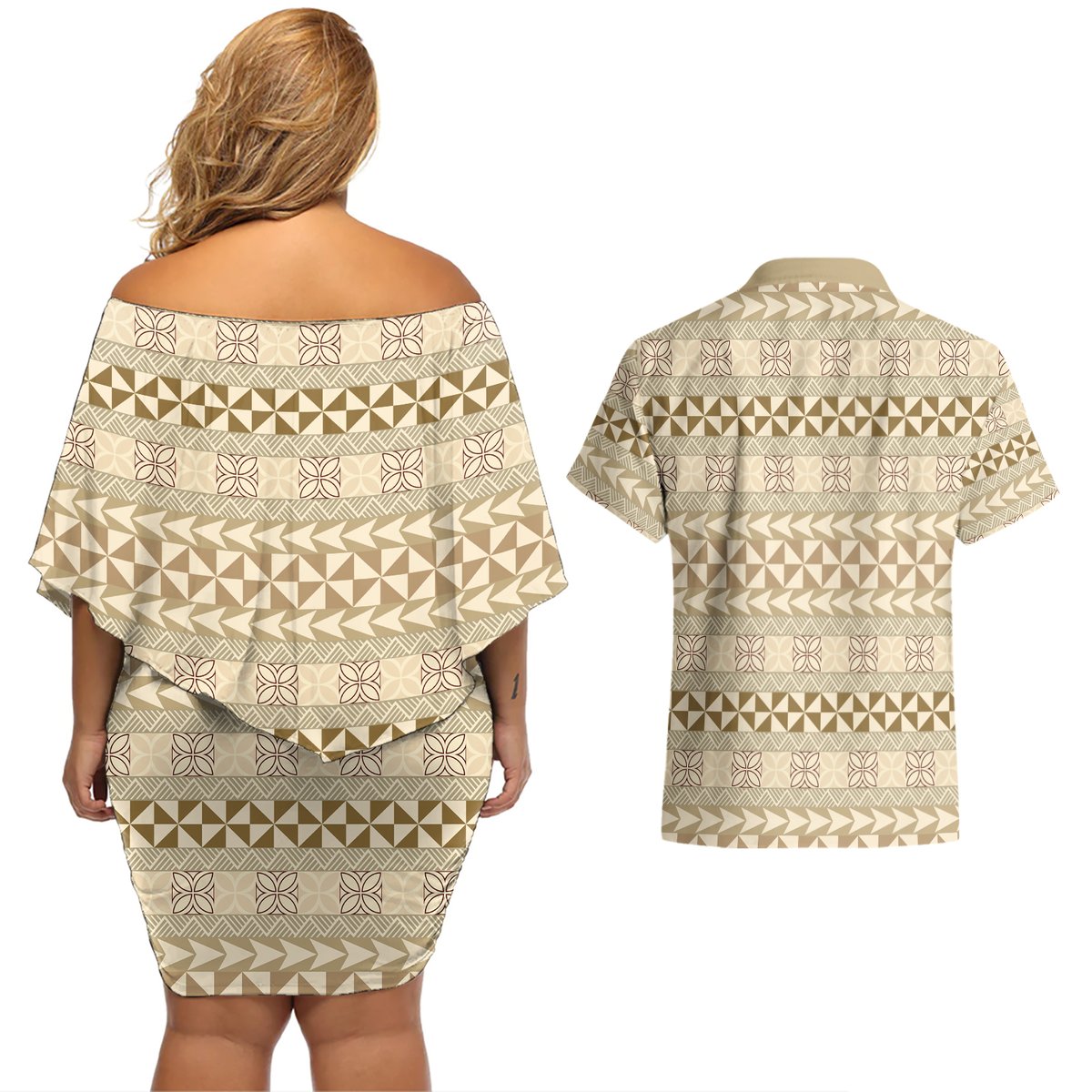 Pasifika Sataoa Pattern Simple Motif Couples Matching Off Shoulder Short Dress and Hawaiian Shirt Beige Tan LT9 - Polynesian Pride