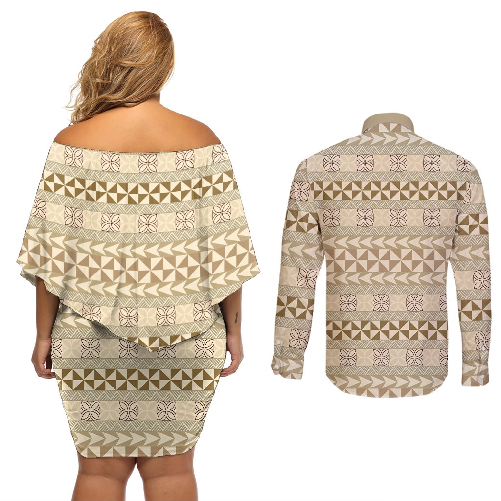 Pasifika Sataoa Pattern Simple Motif Couples Matching Off Shoulder Short Dress and Long Sleeve Button Shirt Beige Tan LT9 - Polynesian Pride