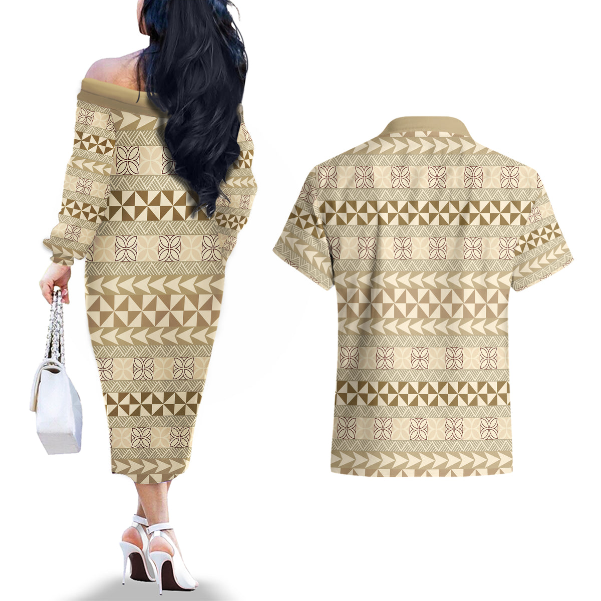Pasifika Sataoa Pattern Simple Motif Couples Matching Off The Shoulder Long Sleeve Dress and Hawaiian Shirt Beige Tan LT9 - Polynesian Pride