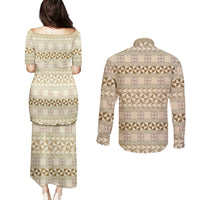 Pasifika Sataoa Pattern Simple Motif Couples Matching Puletasi and Long Sleeve Button Shirt Beige Tan LT9 - Polynesian Pride