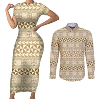Pasifika Sataoa Pattern Simple Motif Couples Matching Short Sleeve Bodycon Dress and Long Sleeve Button Shirt Beige Tan LT9 Beige Tan - Polynesian Pride