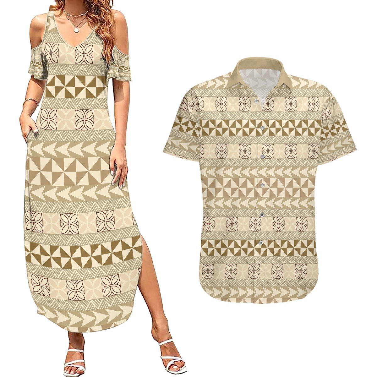Pasifika Sataoa Pattern Simple Motif Couples Matching Summer Maxi Dress and Hawaiian Shirt Beige Tan LT9 Beige Tan - Polynesian Pride