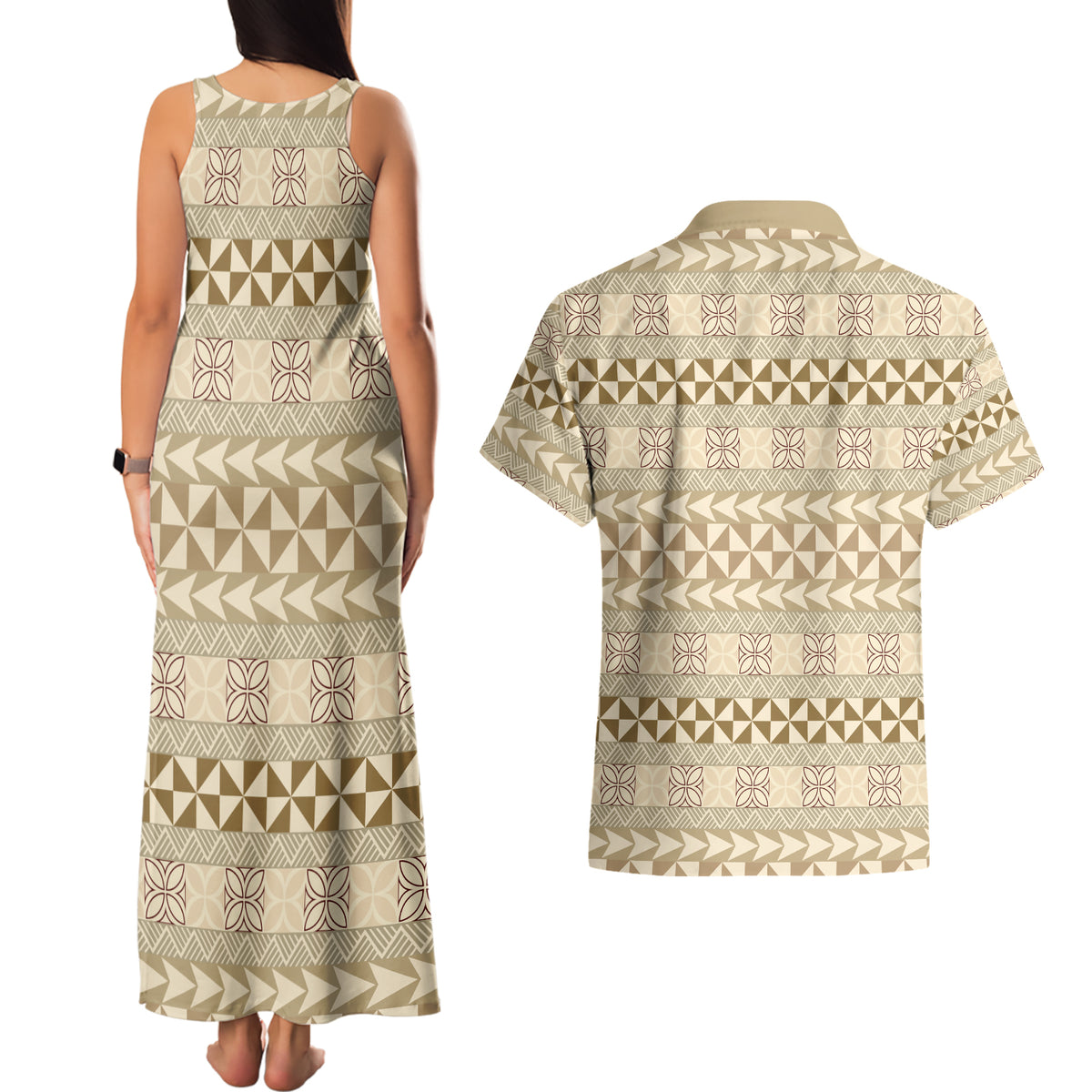 Pasifika Sataoa Pattern Simple Motif Couples Matching Tank Maxi Dress and Hawaiian Shirt Beige Tan LT9 - Polynesian Pride