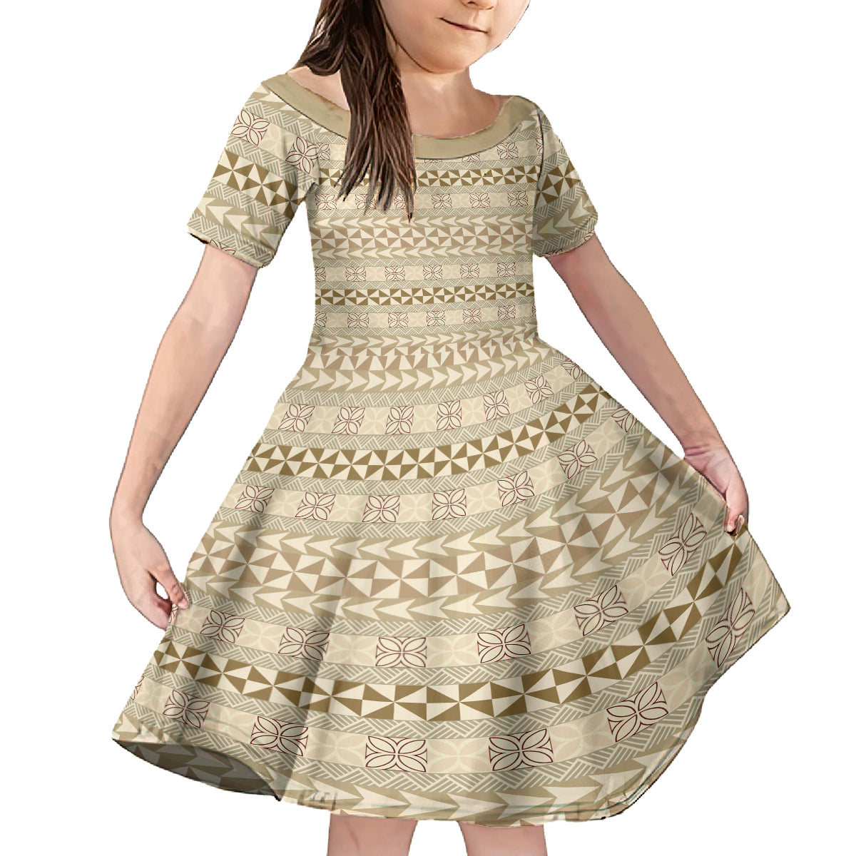 Pasifika Sataoa Pattern Simple Motif Family Matching Off Shoulder Short Dress and Hawaiian Shirt Beige Tan LT9 Daughter's Dress Beige Tan - Polynesian Pride