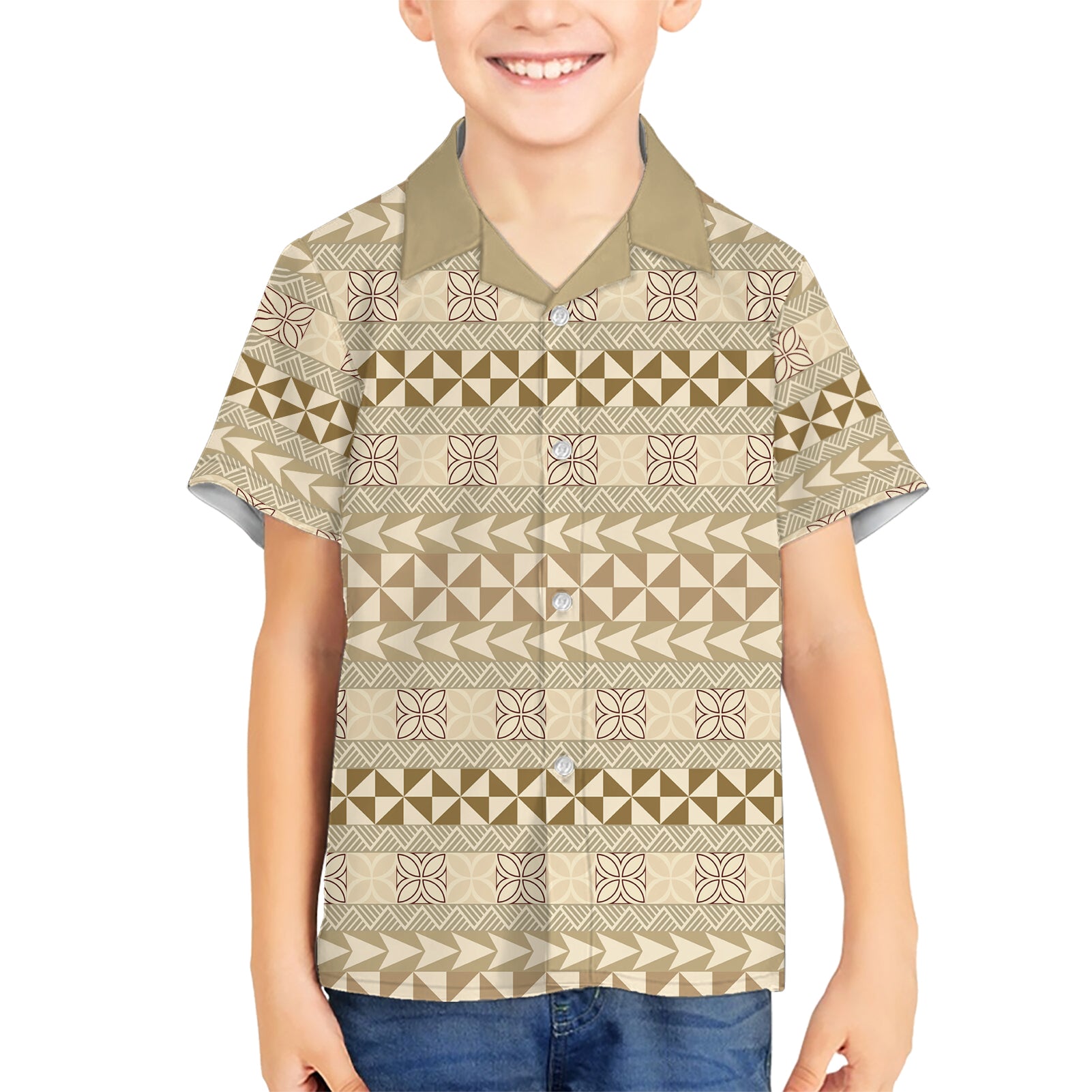 Pasifika Sataoa Pattern Simple Motif Kid Hawaiian Shirt Beige Tan LT9 Kid Beige Tan - Polynesian Pride