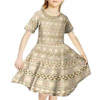 Pasifika Sataoa Pattern Simple Motif Kid Short Sleeve Dress Beige Tan LT9 - Polynesian Pride