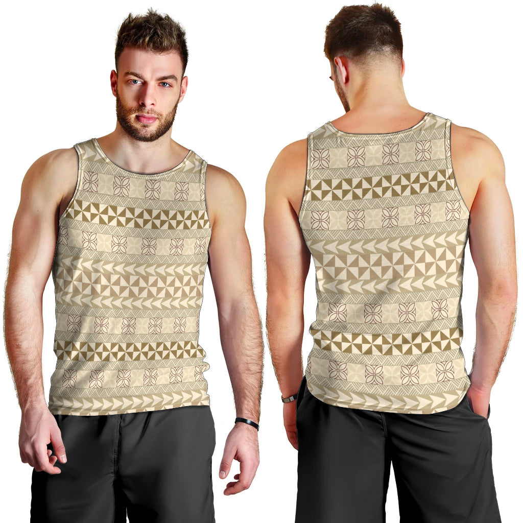 Pasifika Sataoa Pattern Simple Motif Men Tank Top Beige Tan LT9 - Polynesian Pride