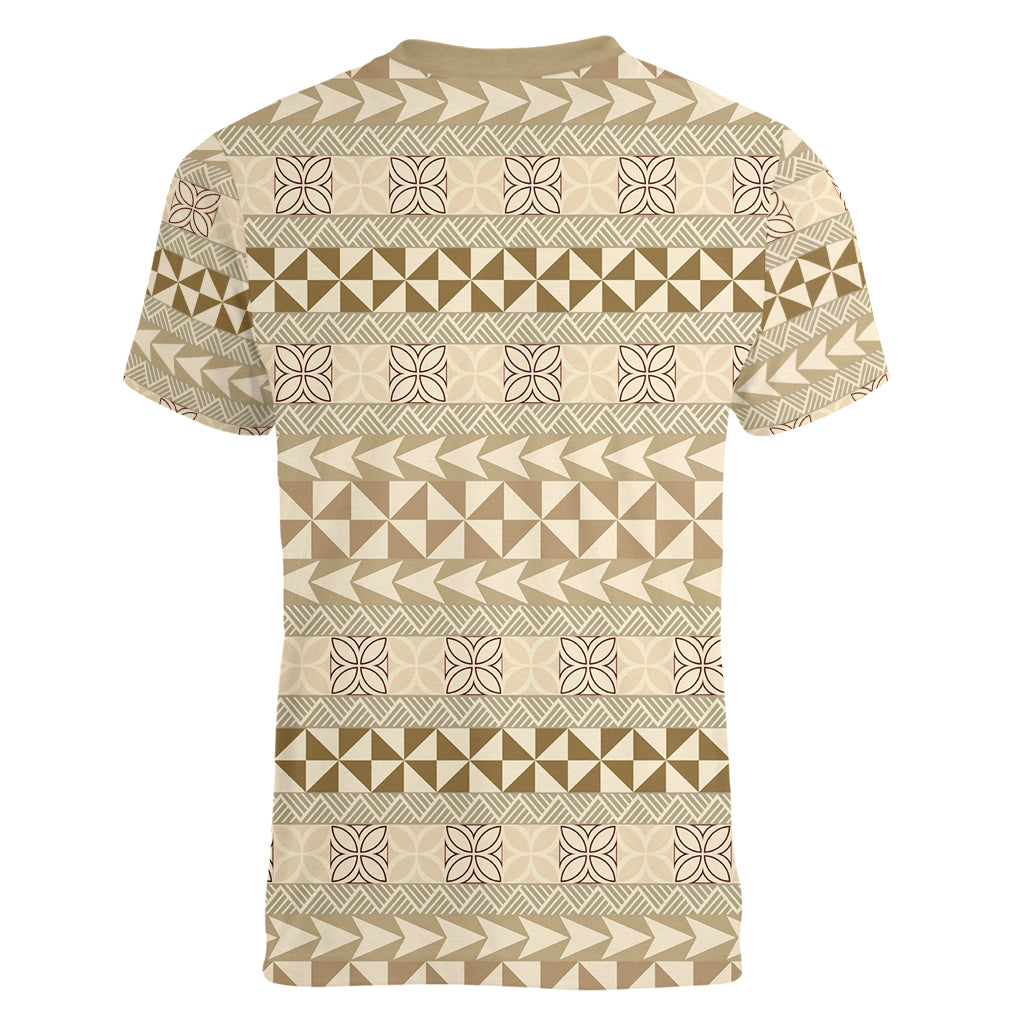 Pasifika Sataoa Pattern Simple Motif Women V Neck T Shirt Beige Tan LT9 - Polynesian Pride