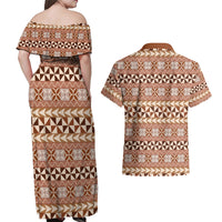 Pasifika Sataoa Pattern Simple Motif Couples Matching Off Shoulder Maxi Dress and Hawaiian Shirt Brown Beige Tan LT9 - Polynesian Pride