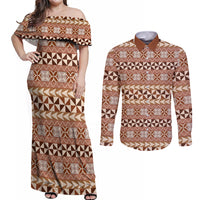 Pasifika Sataoa Pattern Simple Motif Couples Matching Off Shoulder Maxi Dress and Long Sleeve Button Shirt Brown Beige Tan LT9 Brown - Polynesian Pride
