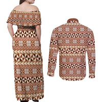 Pasifika Sataoa Pattern Simple Motif Couples Matching Off Shoulder Maxi Dress and Long Sleeve Button Shirt Brown Beige Tan LT9 - Polynesian Pride