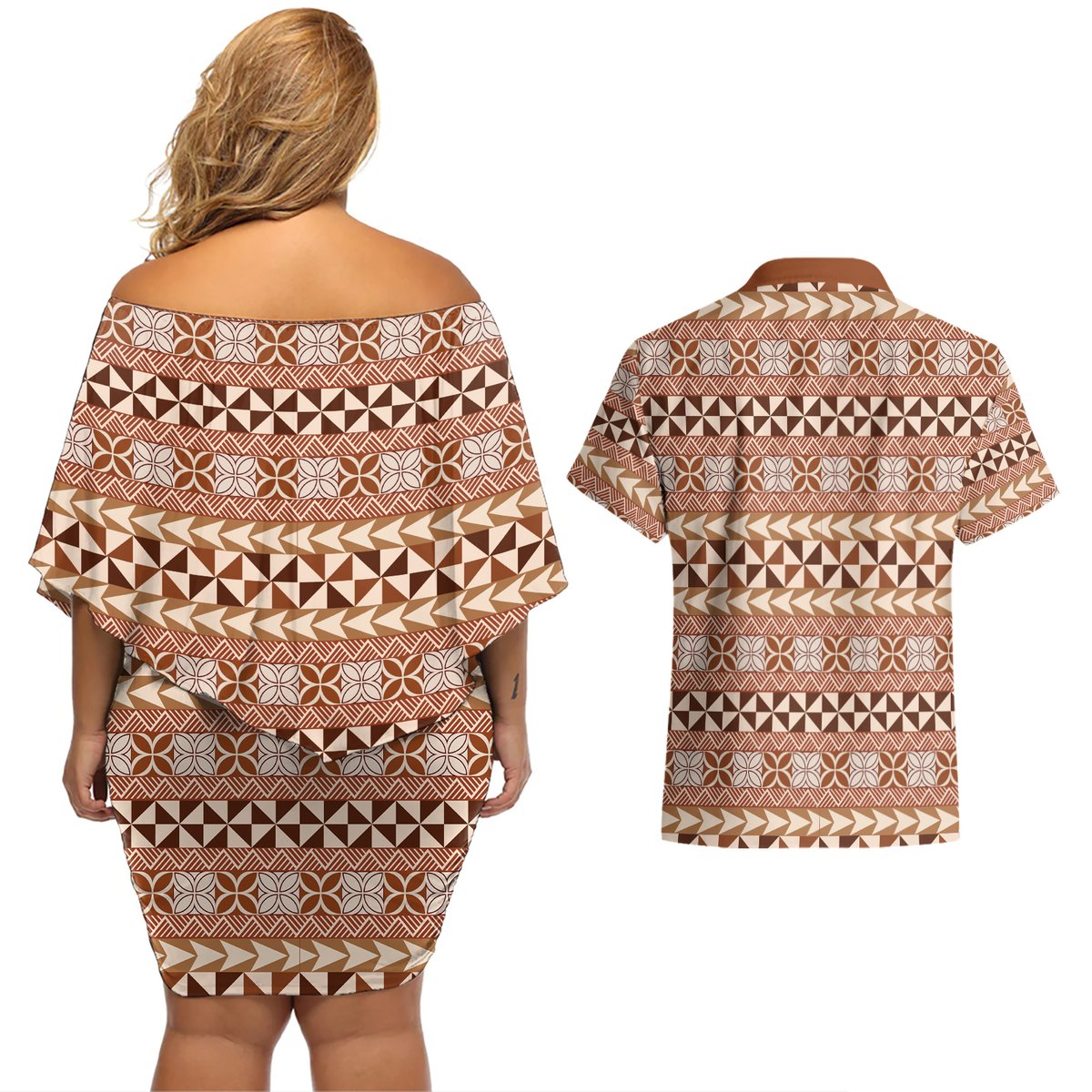 Pasifika Sataoa Pattern Simple Motif Couples Matching Off Shoulder Short Dress and Hawaiian Shirt Brown Beige Tan LT9 - Polynesian Pride