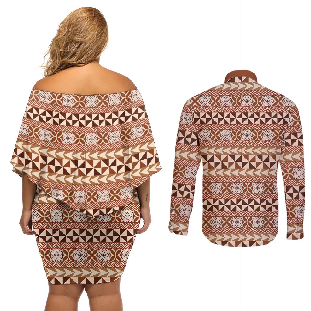 Pasifika Sataoa Pattern Simple Motif Couples Matching Off Shoulder Short Dress and Long Sleeve Button Shirt Brown Beige Tan LT9 - Polynesian Pride