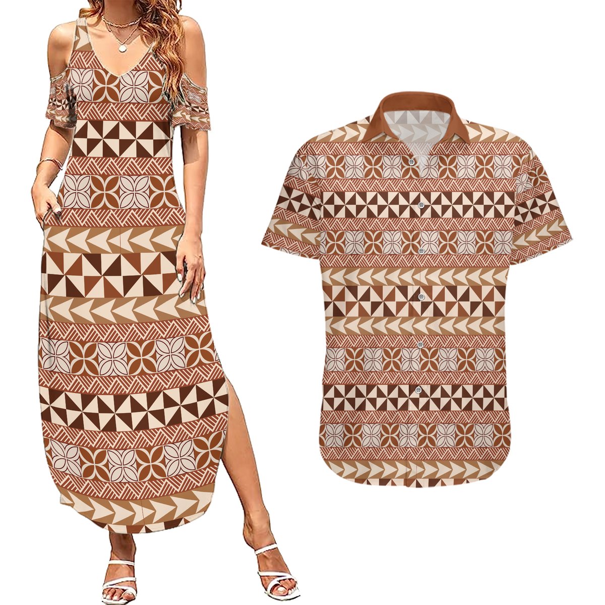 Pasifika Sataoa Pattern Simple Motif Couples Matching Summer Maxi Dress and Hawaiian Shirt Brown Beige Tan LT9 Brown - Polynesian Pride