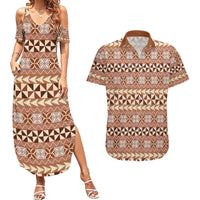 Pasifika Sataoa Pattern Simple Motif Couples Matching Summer Maxi Dress and Hawaiian Shirt Brown Beige Tan LT9 Brown - Polynesian Pride