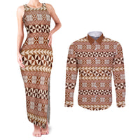 Pasifika Sataoa Pattern Simple Motif Couples Matching Tank Maxi Dress and Long Sleeve Button Shirt Brown Beige Tan LT9 Brown - Polynesian Pride