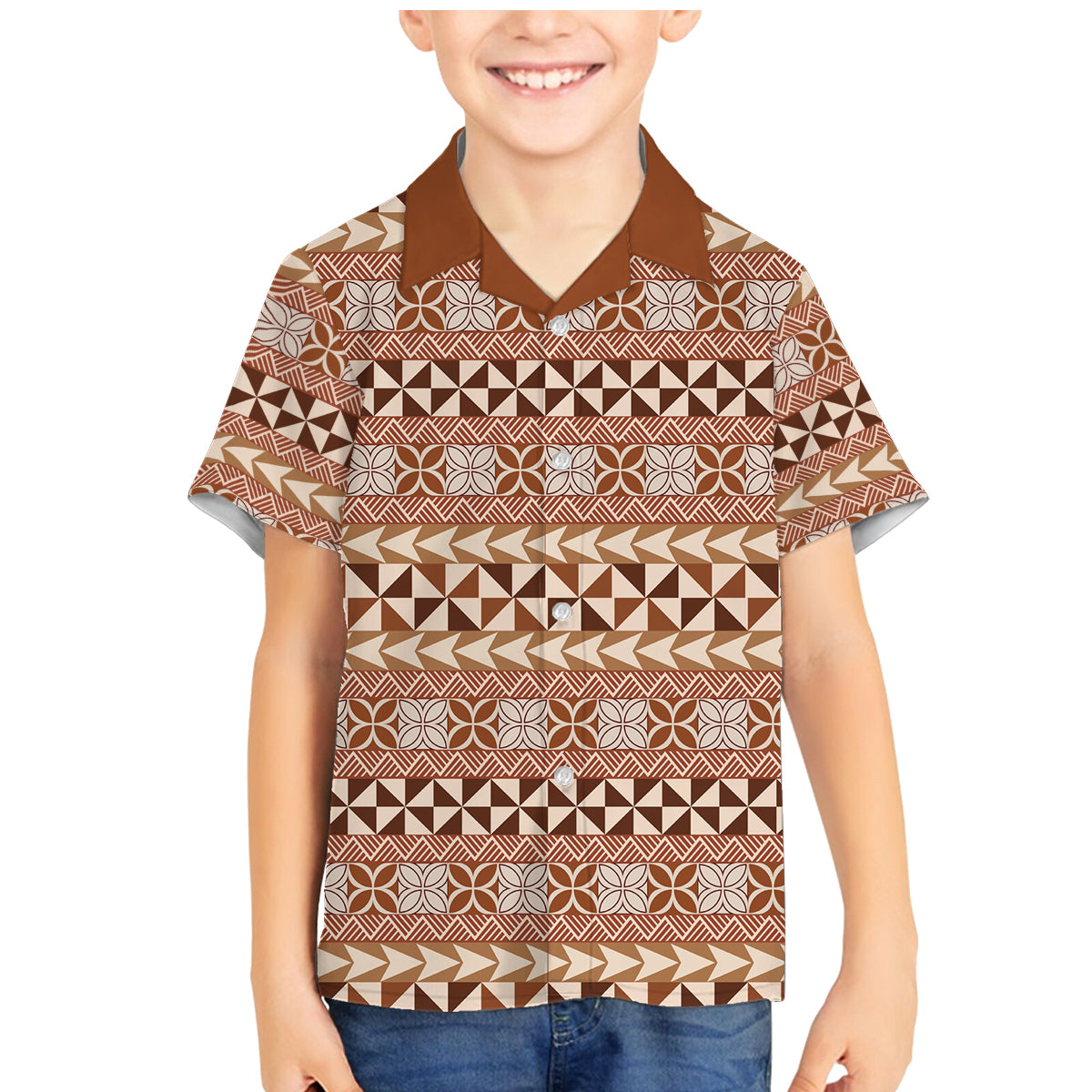 Pasifika Sataoa Pattern Simple Motif Family Matching Mermaid Dress and Hawaiian Shirt Brown Beige Tan LT9 Son's Shirt Brown - Polynesian Pride