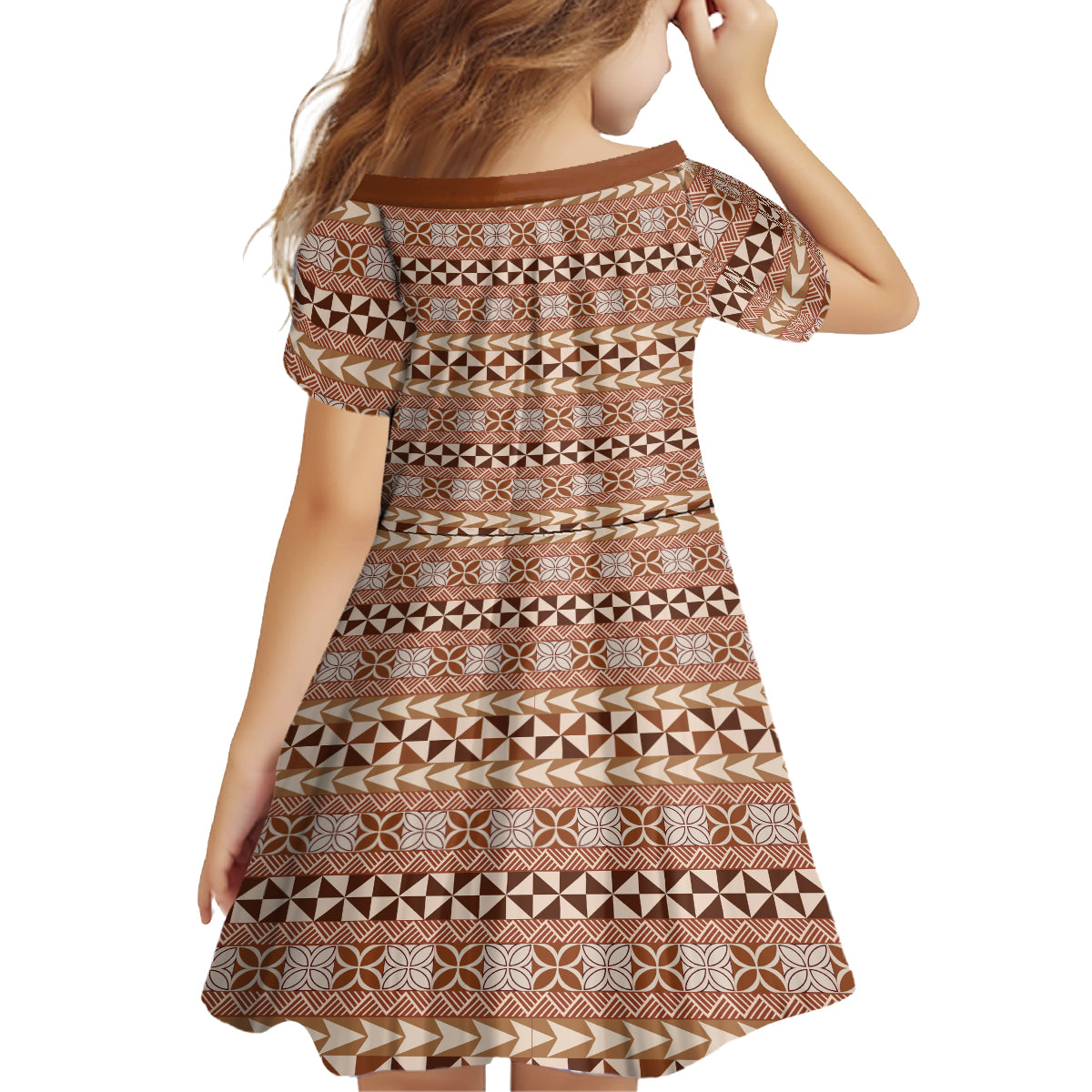 Pasifika Sataoa Pattern Simple Motif Family Matching Off Shoulder Maxi Dress and Hawaiian Shirt Brown Beige Tan LT9 - Polynesian Pride