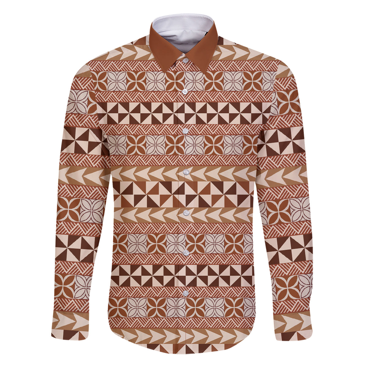 Pasifika Sataoa Pattern Simple Motif Family Matching Puletasi and Hawaiian Shirt Brown Beige Tan LT9 Dad's Shirt - Long Sleeve Brown - Polynesian Pride