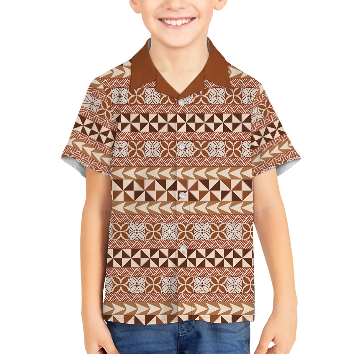 Pasifika Sataoa Pattern Simple Motif Family Matching Puletasi and Hawaiian Shirt Brown Beige Tan LT9 Son's Shirt Brown - Polynesian Pride