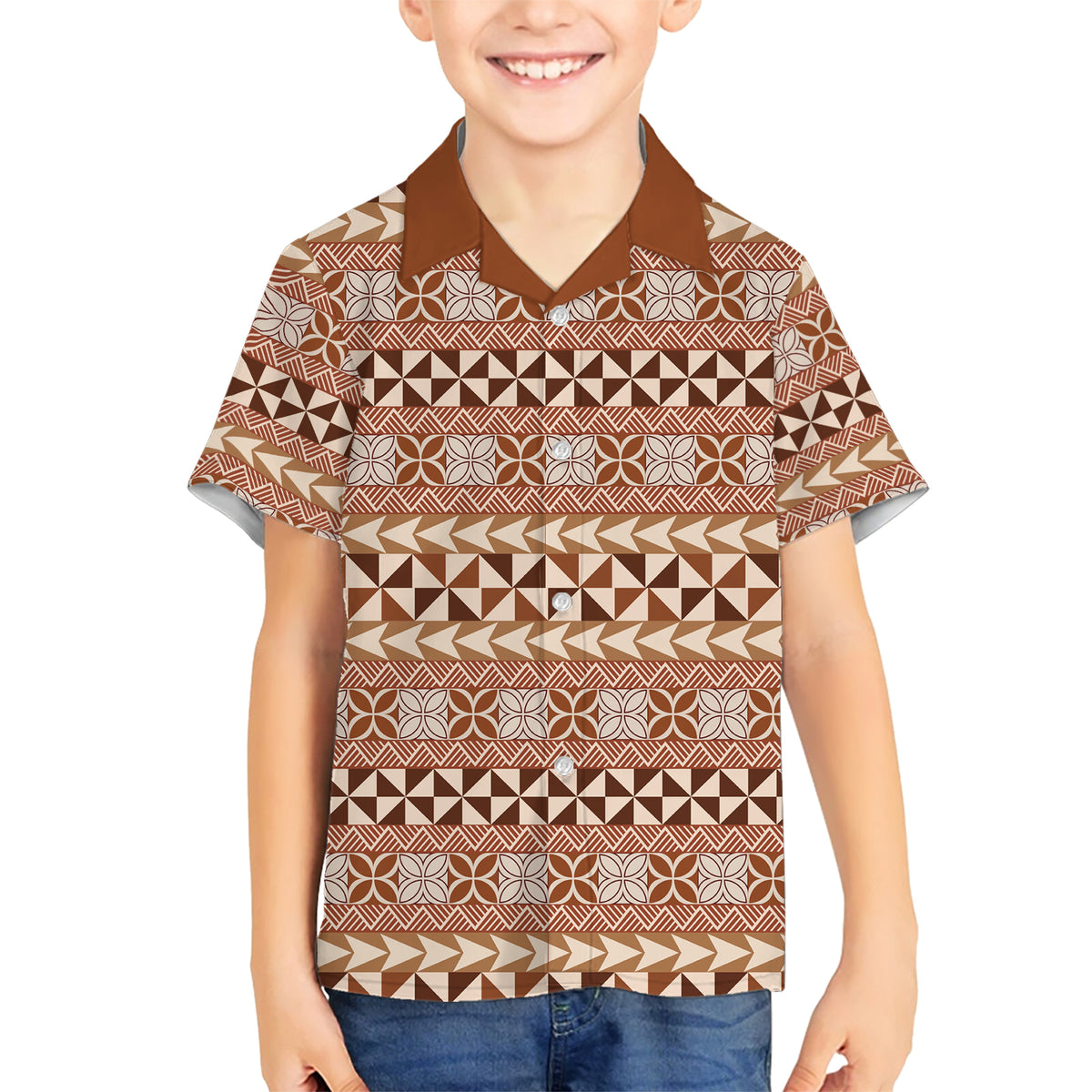 Pasifika Sataoa Pattern Simple Motif Family Matching Short Sleeve Bodycon Dress and Hawaiian Shirt Brown Beige Tan LT9 Son's Shirt Brown - Polynesian Pride