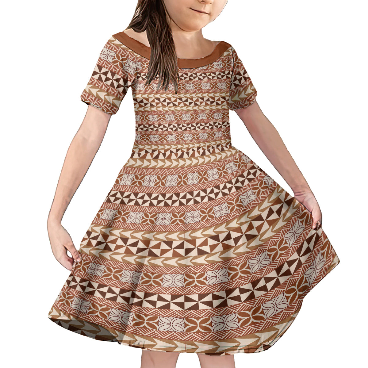 Pasifika Sataoa Pattern Simple Motif Kid Short Sleeve Dress Brown Beige Tan LT9 KID Brown - Polynesian Pride
